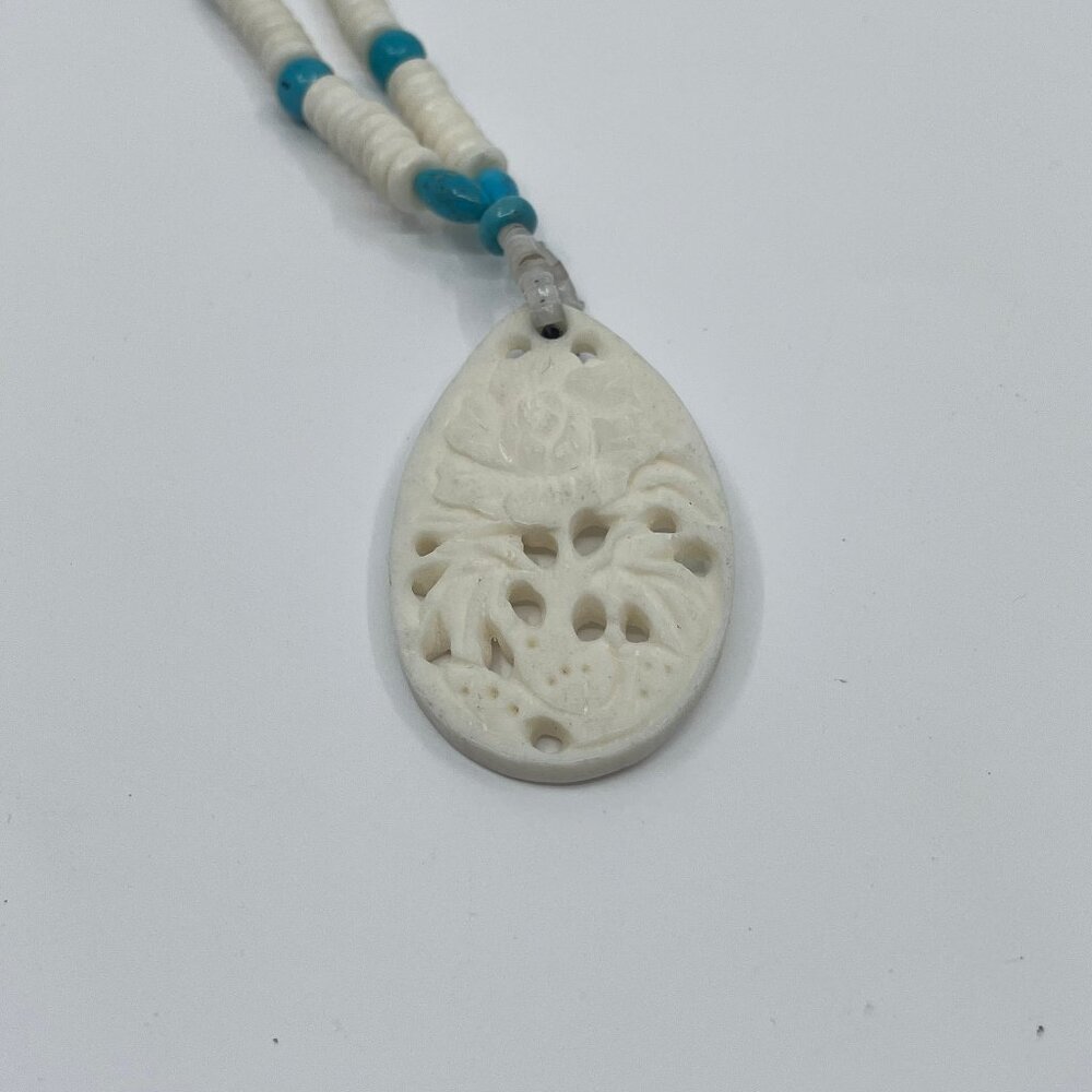 90s Y2K Hand Carved Bone and Turquoise Necklace - Floral Pendant & Beads